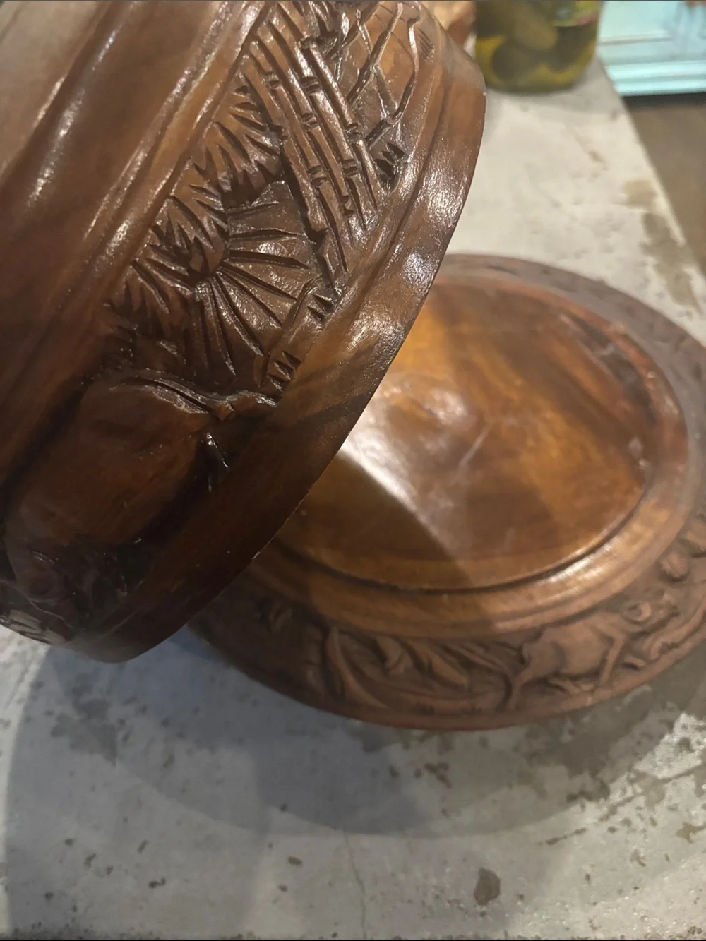 Carved Wooden Lidded  cake holder - Rich Brown Old unique wood . So pretty